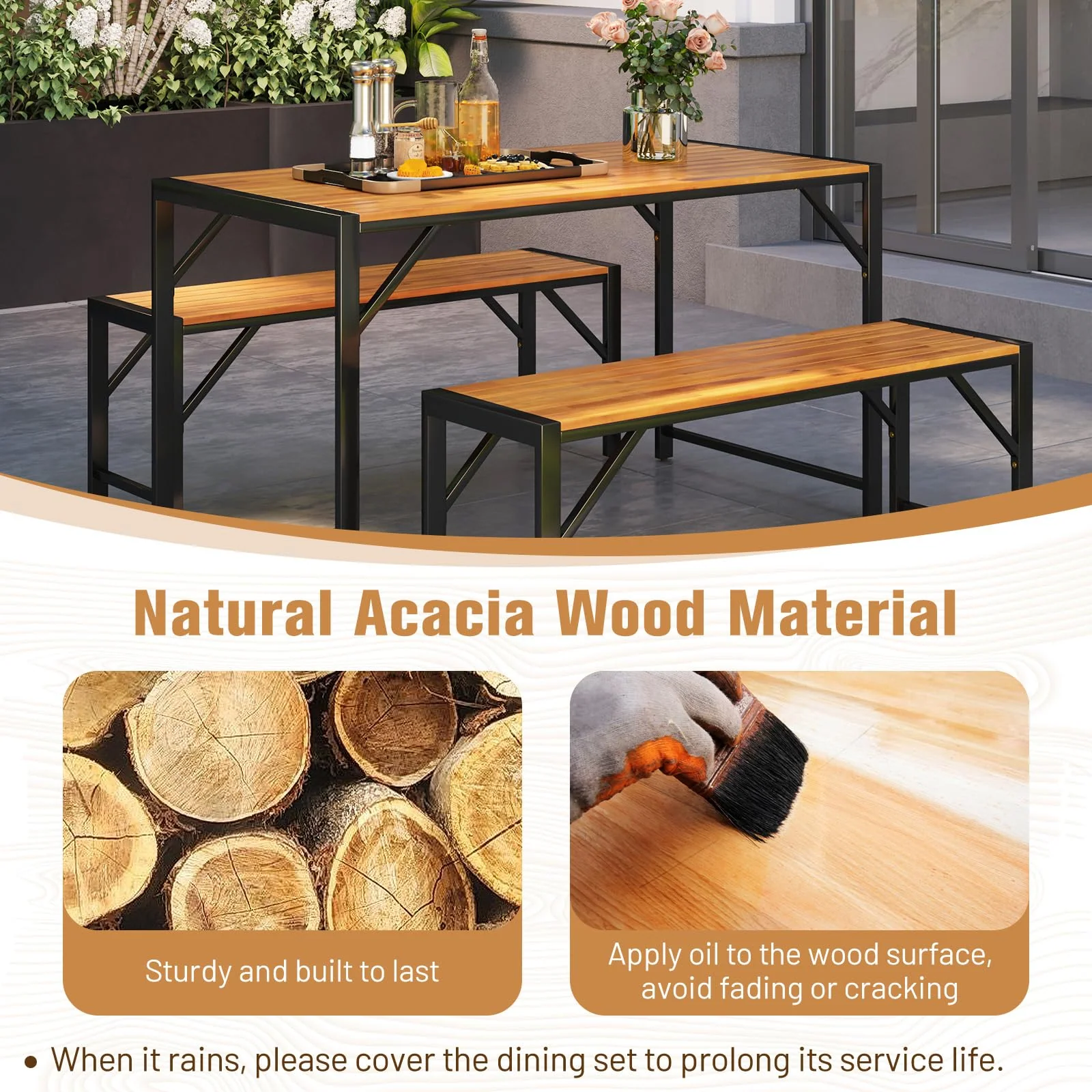 Tangkula 3 Pieces Patio Dining Set for 6 People, Outdoor Picnic Table & 2 Benches, 53” Acacia Wood Dining Table - Image 5