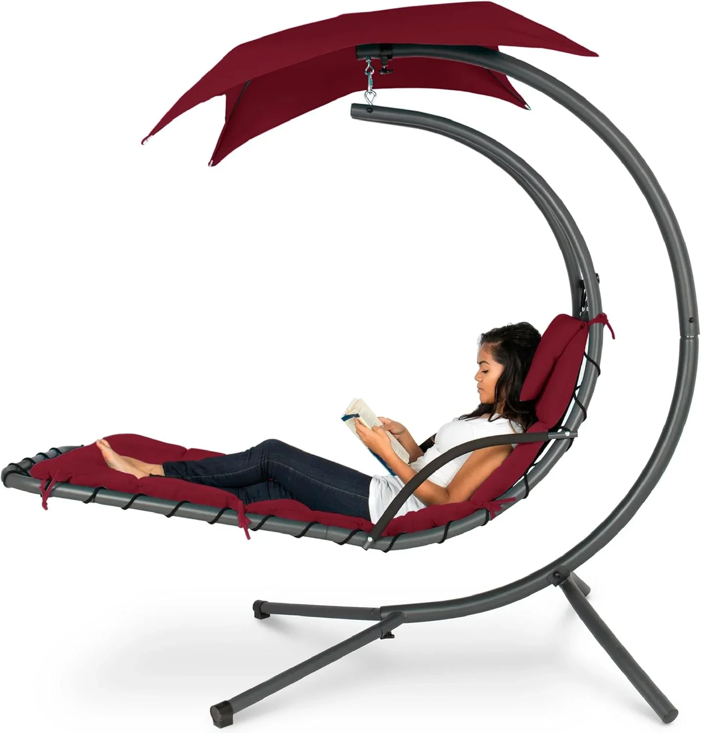 Best Choice Products Outdoor Hanging Curved Steel Chaise Lounge Chair Swing w/Built-in Pillow and Removable Canopy - Charcoal Gray - Image 10