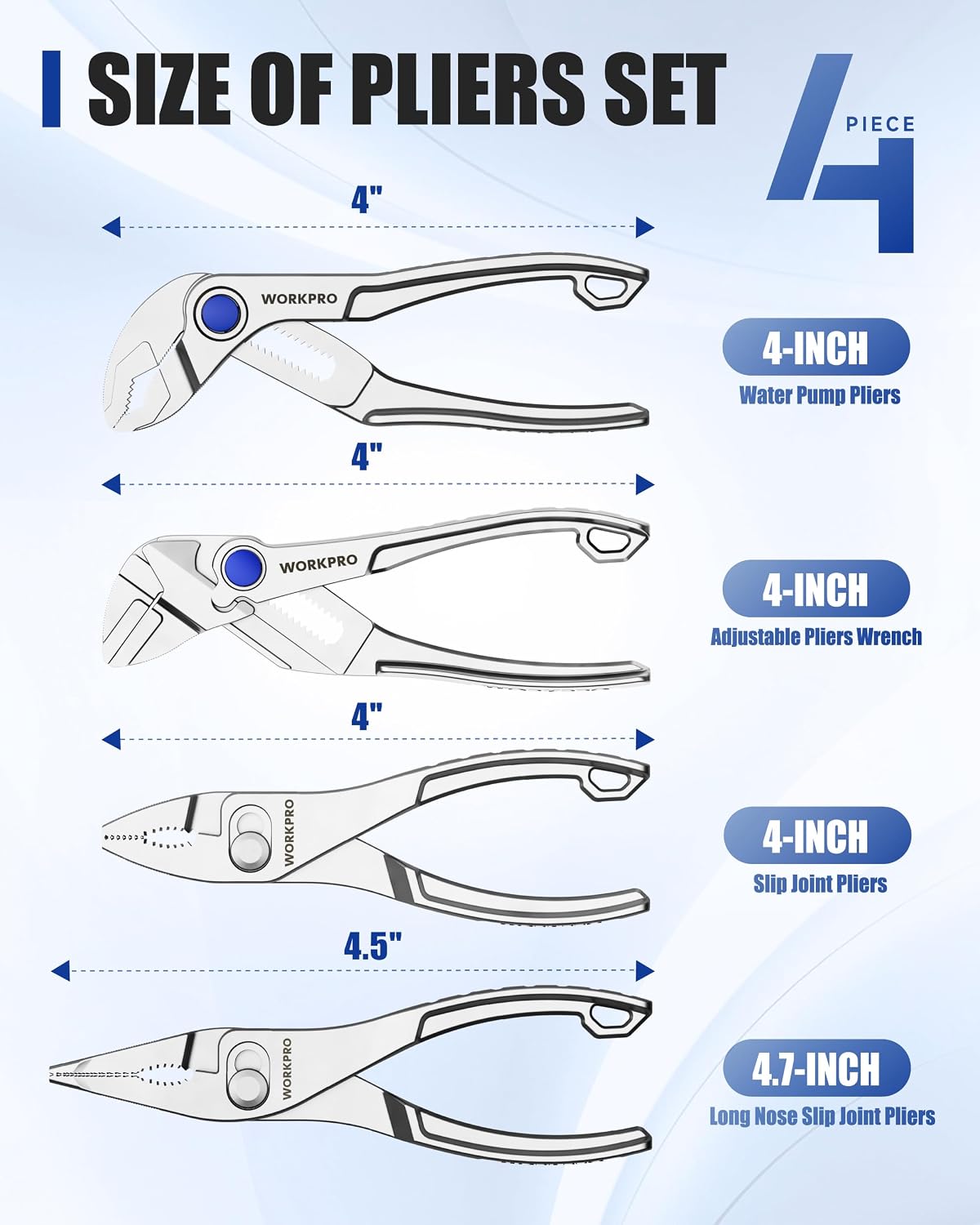 WORKPRO 4-Piece Mini Pliers Set with Pouch, Includes 4-Inch Plier Wrench & Slip Joint & Water Pump Pliers & 4.5-Inch Long Nose Slip Joint Plier, Adjustable Pliers/Pocket Plier/EDC Tool Gift for Man - Image 3