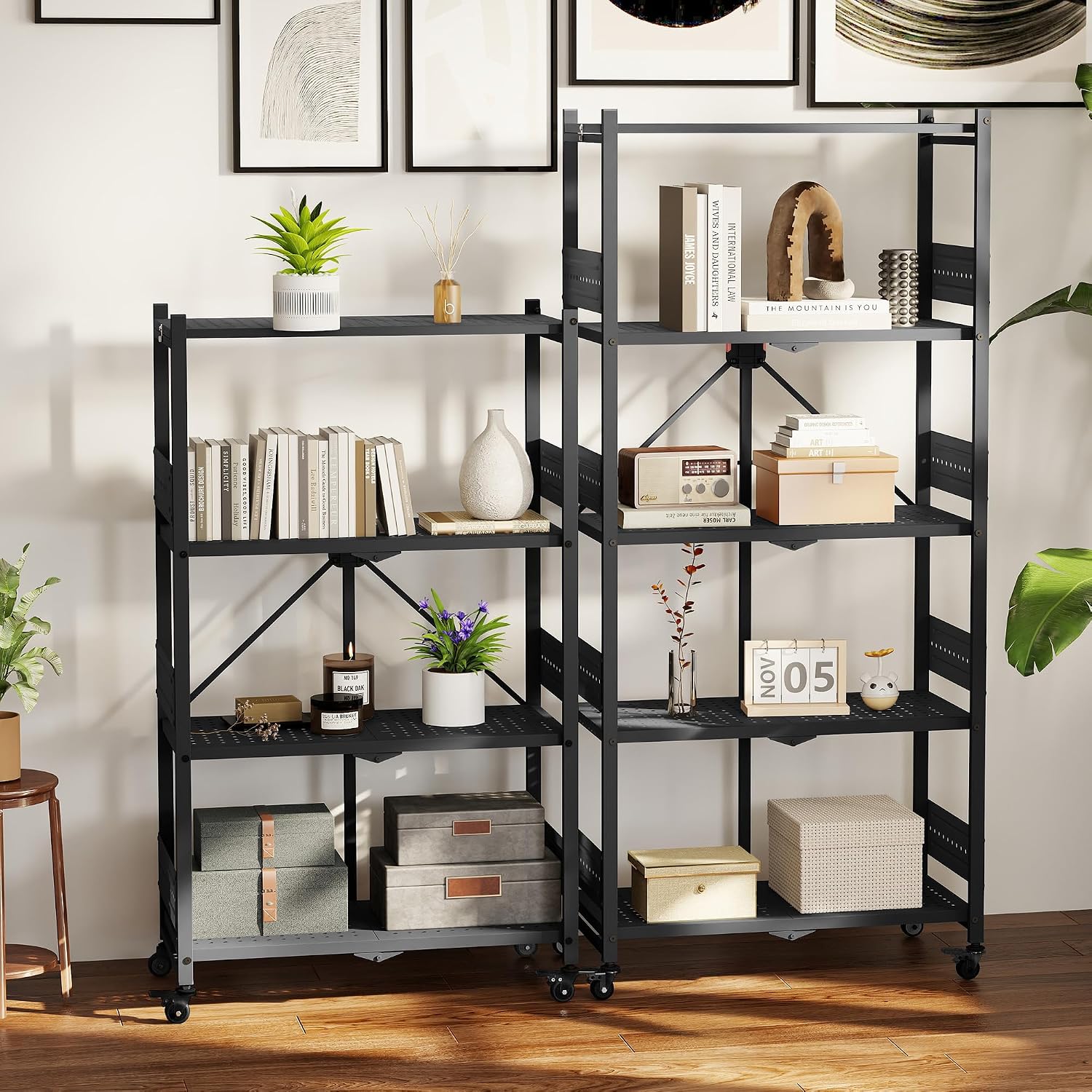 WORKPRO 5-Tier Folding Shelf, No-Assembly Metal Storage Rack with Wheels, 750 lbs Capacity (with Leveling Feet), Collapsible Shelving Unit for Kitchen, Pantry, Bathroom & Closet Organization - Image 2
