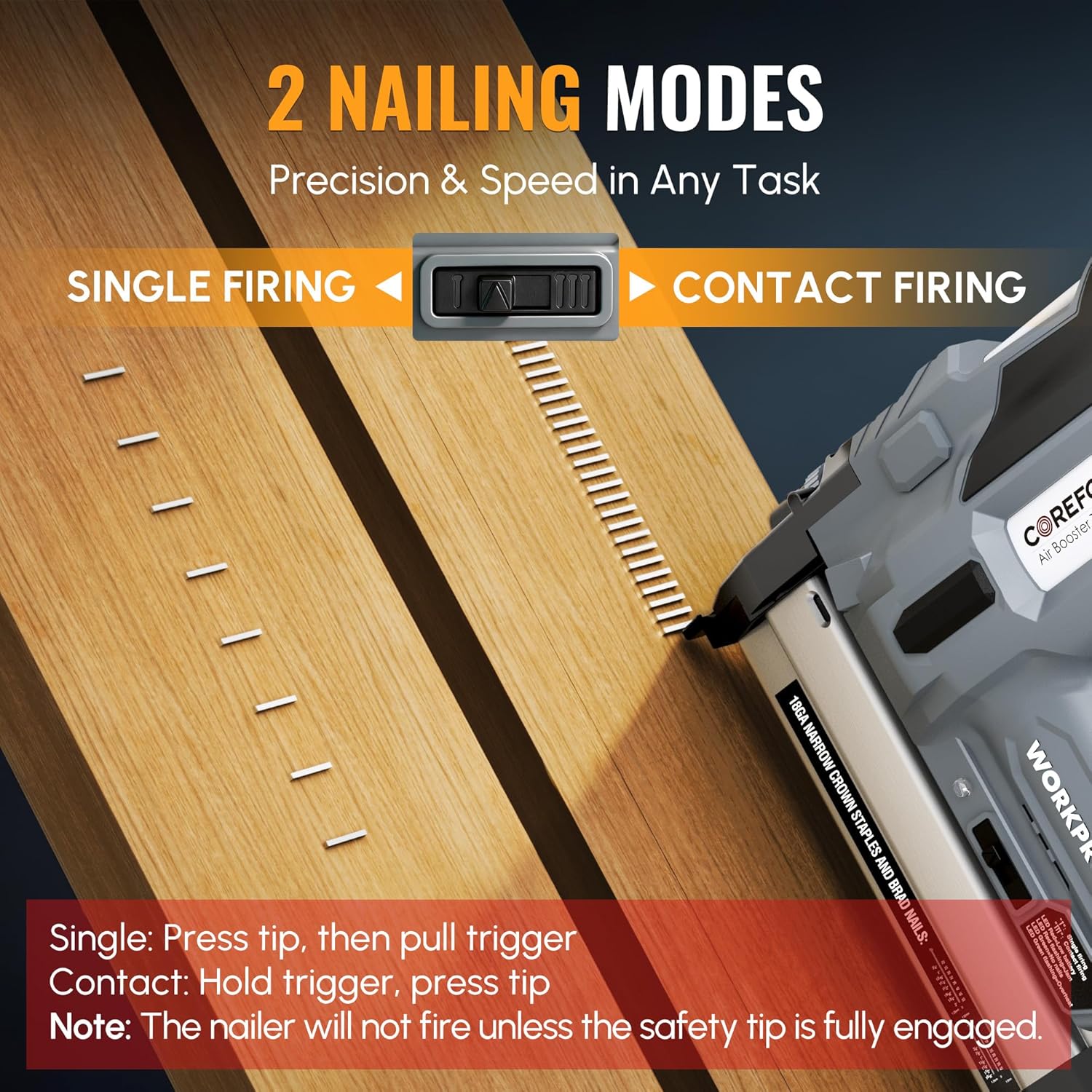 WORKPROX 20V Cordless Brad Nailer Kit, 18 Gauge 2-in-1 Nail & Staple Gun with 2.0Ah Rechargeable Battery, 1000 Staples & 1000 Nails, for Woodworking, Upholstery, DIY Projects & Home Improvement - Image 4
