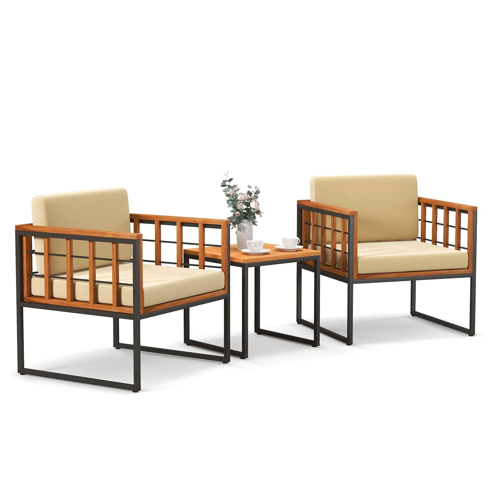 Tangkula 3 Pieces Patio Chair Set, Acacia Wood Outdoor Sofa Set with Metal Support