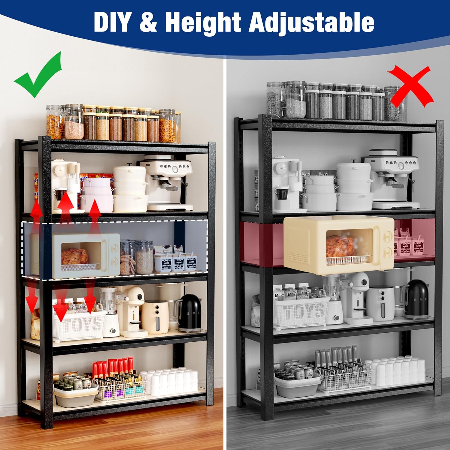WORKPRO 5-Tier Black Shelving with Board, 48"W x 24"D x 72"H, 3000LBS Load | Adjustable, Heavy Duty, 3000lbs, Boltless Shelving for Kitchen, Living Room, Garage - Image 7