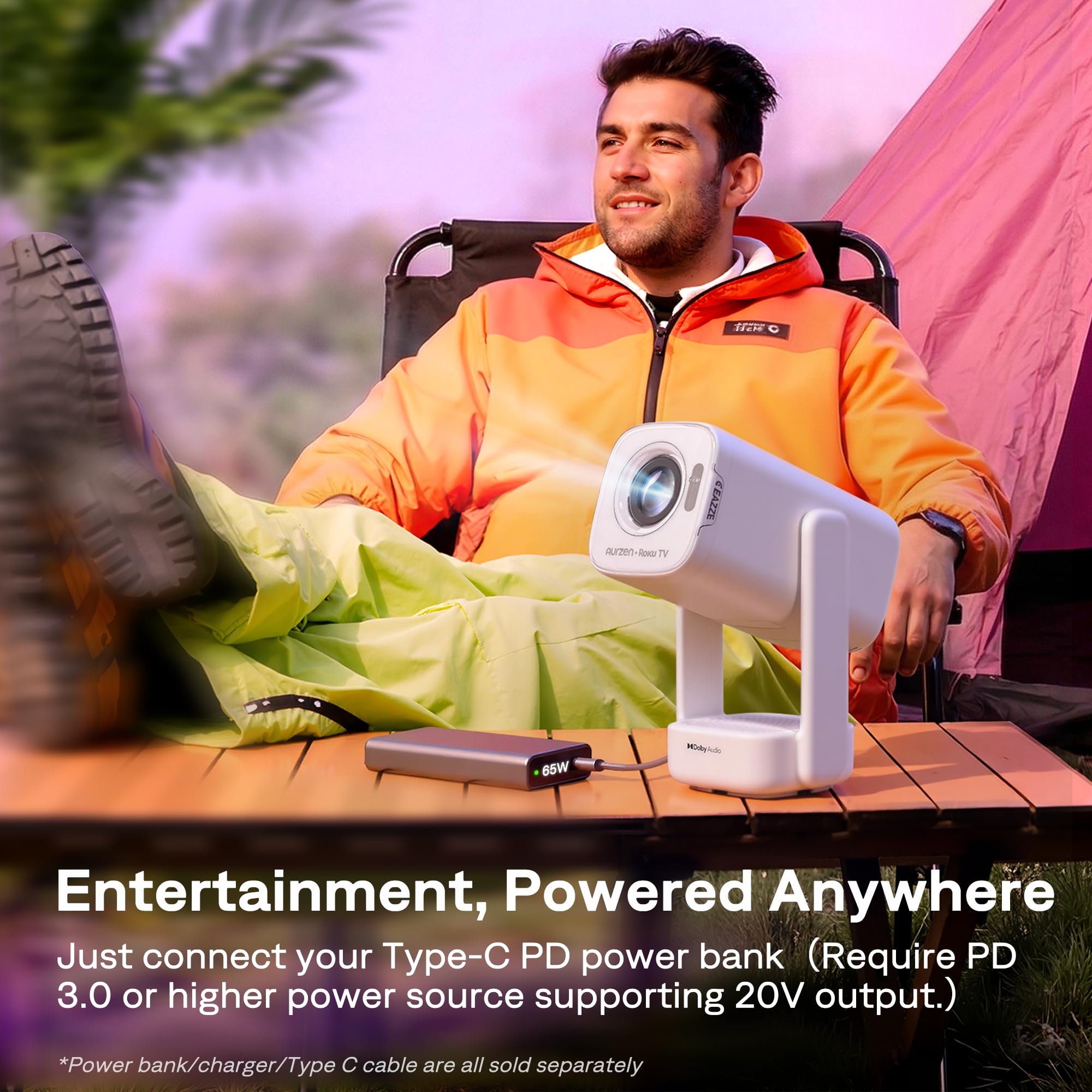 Aurzen Roku TV D1R air USB-C Powered Smart Portable Outdoor Projector White Roku TV Built-in, WiFi & Bluetooth, Power Bank Supported, Native 1080P, DoIby Audio, Mini Projector for Home & Outdoor Movies - Image 4