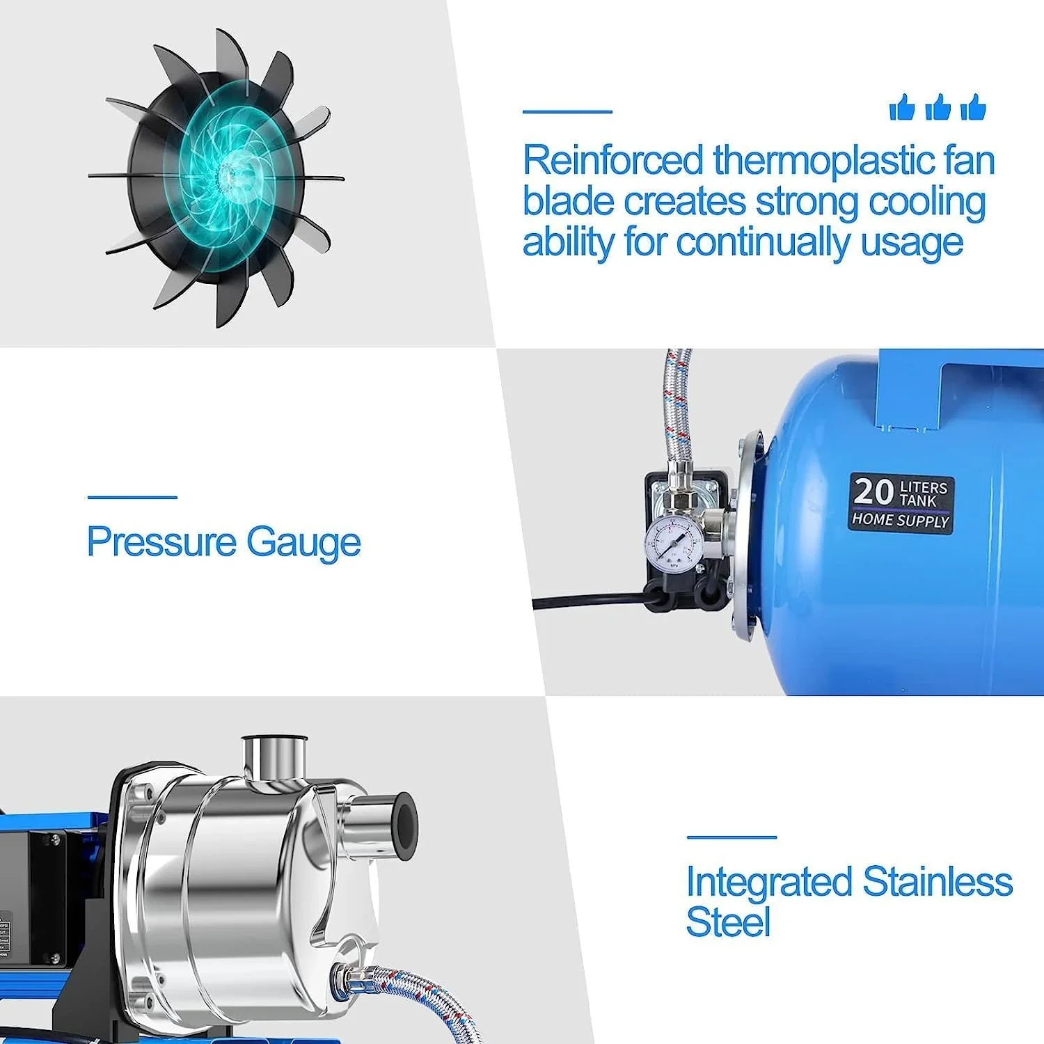 1.6HP Shallow Well Pump with Pressure Tank 1268 GPH Stainless Steel Jet Pump Transfer Drainage Booster Pump Garden Sprinkler System Water Pump for Home Garden Lawn Irrigation - Image 4