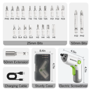 WORKPRO 3.6V White Cordless Screwdriver Set, Cordless & Rechargeable with Driver Bit Set and Sturdy Case,25PCS Drill/Driver Accessories