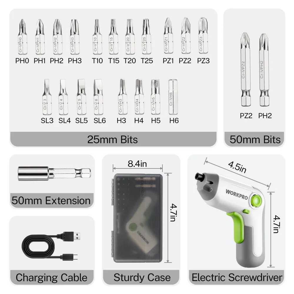 WORKPRO 3.6V White Cordless Screwdriver Set, Cordless & Rechargeable with Driver Bit Set and Sturdy Case,25PCS Drill/Driver Accessories