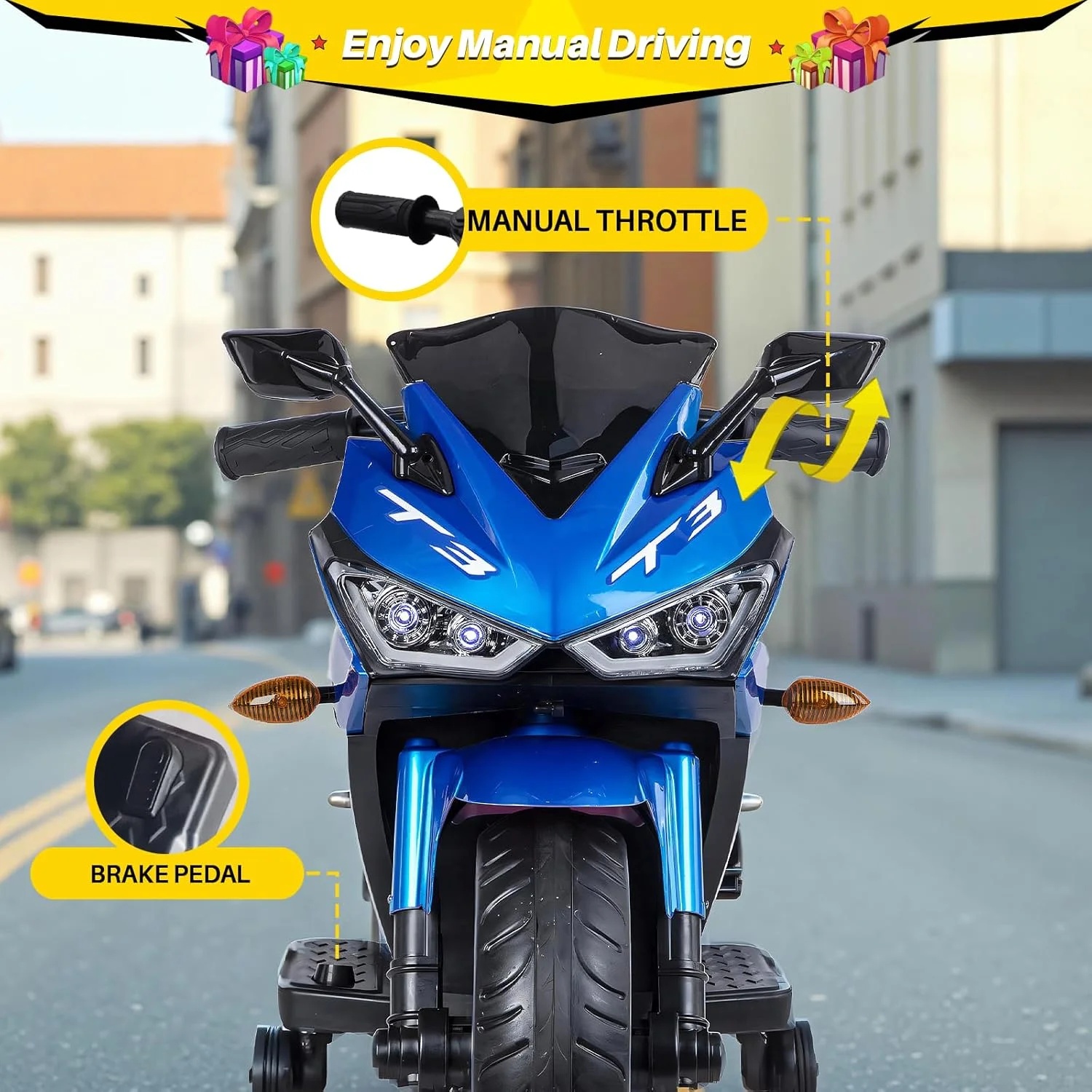 2 Seats Electric Dirt Bike Motorcycle for Kid 3 - 8, 12V Kids Motorcycle with Manual Throttle, Lighting Wheels, Music Function, Max Load 99 lb (Blue) - Image 10