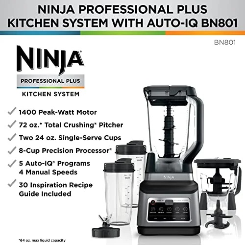 Ninja BN801 Professional Plus Kitchen System, 1400 WP, 5 Functions for Smoothies, Chopping, Dough & More with Auto IQ, 72-oz.* Blender Pitcher, 64-oz. Processor Bowl, (2) 24-oz. To-Go Cups, Grey - Image 4